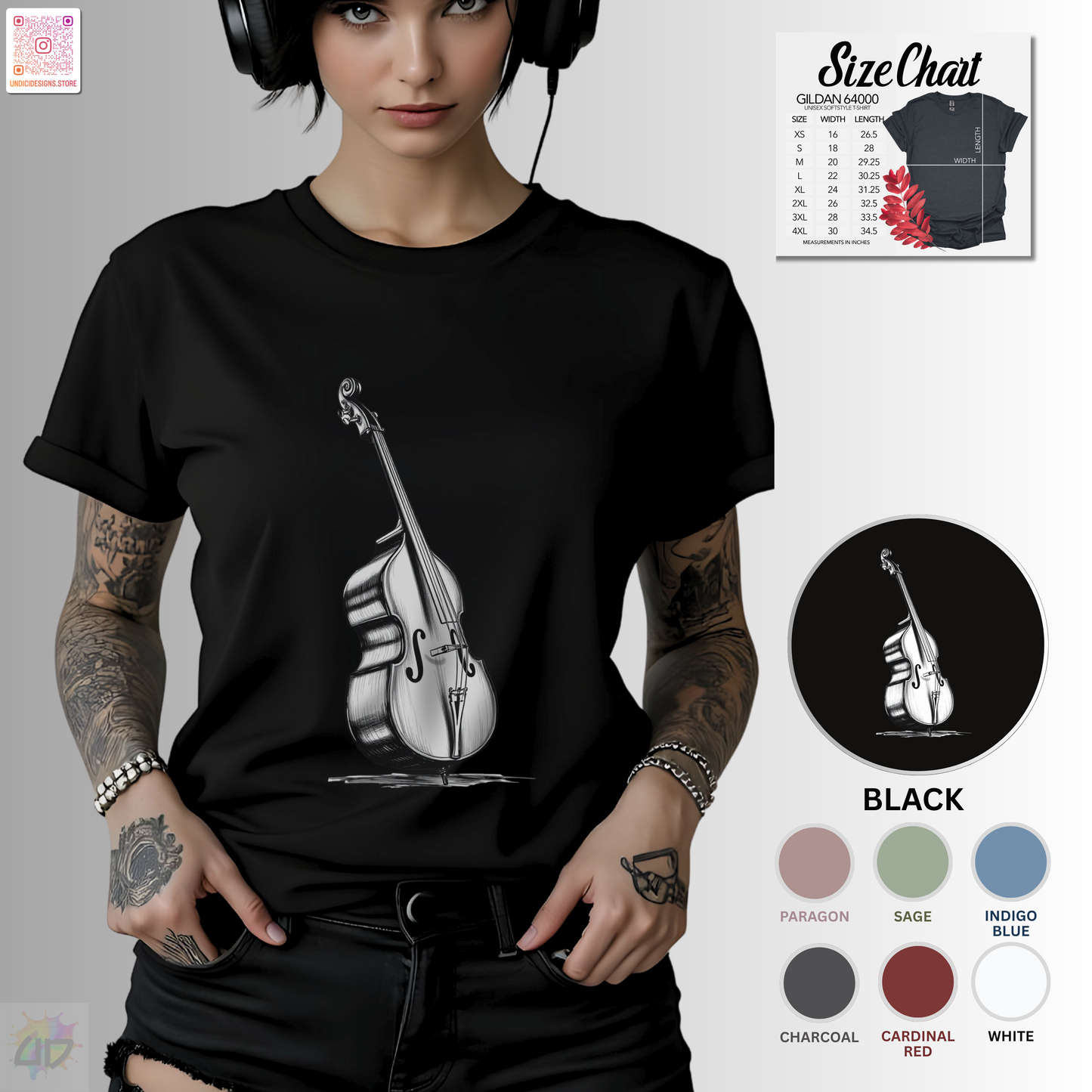 Hand drawn upright bass in white graphic tee.