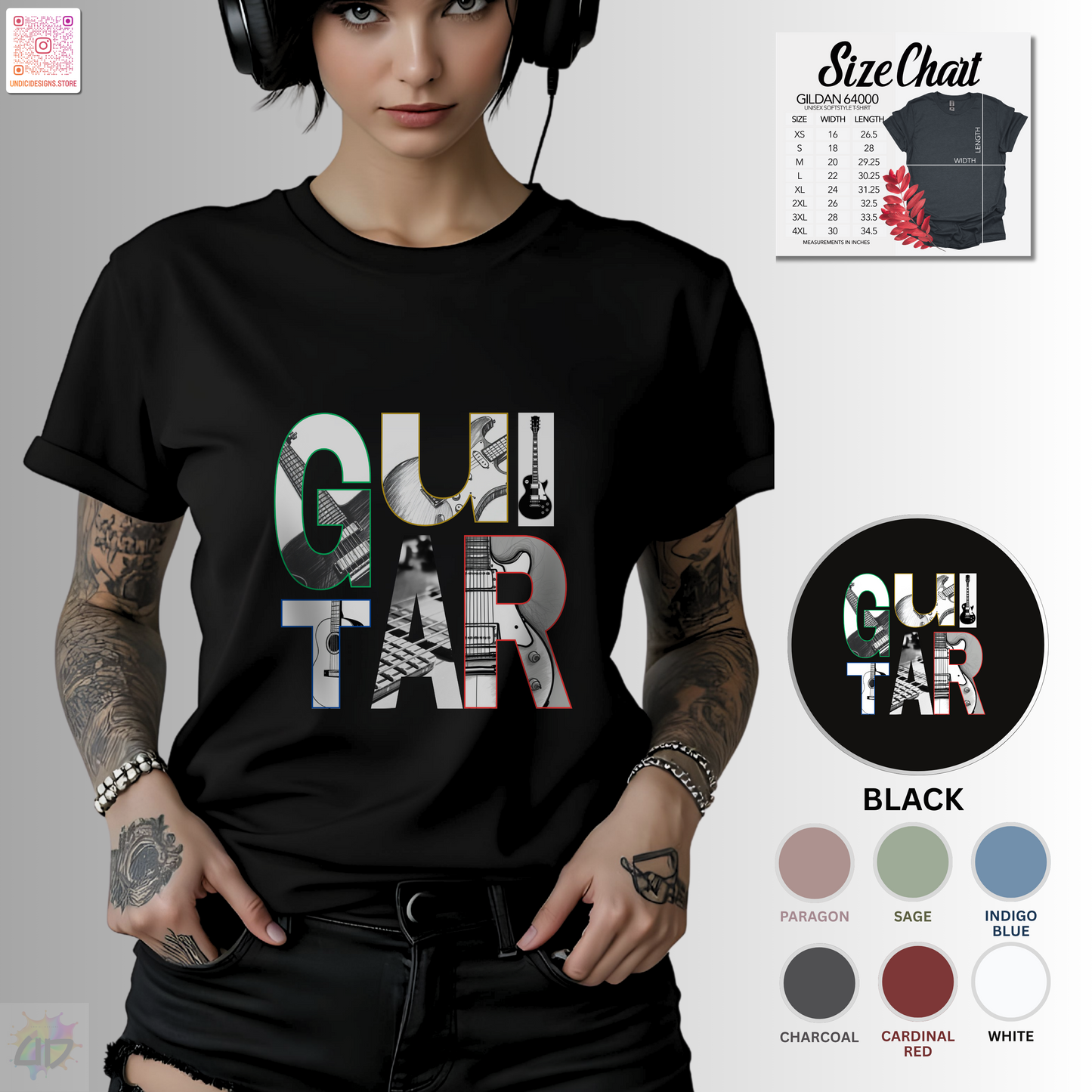 "Guitar" with guitars in letter backgrounds graphic tee.