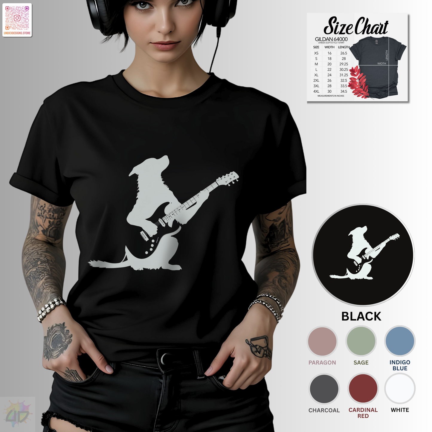 silhouette of a puppy playing a solo on a guitar graphic tee.