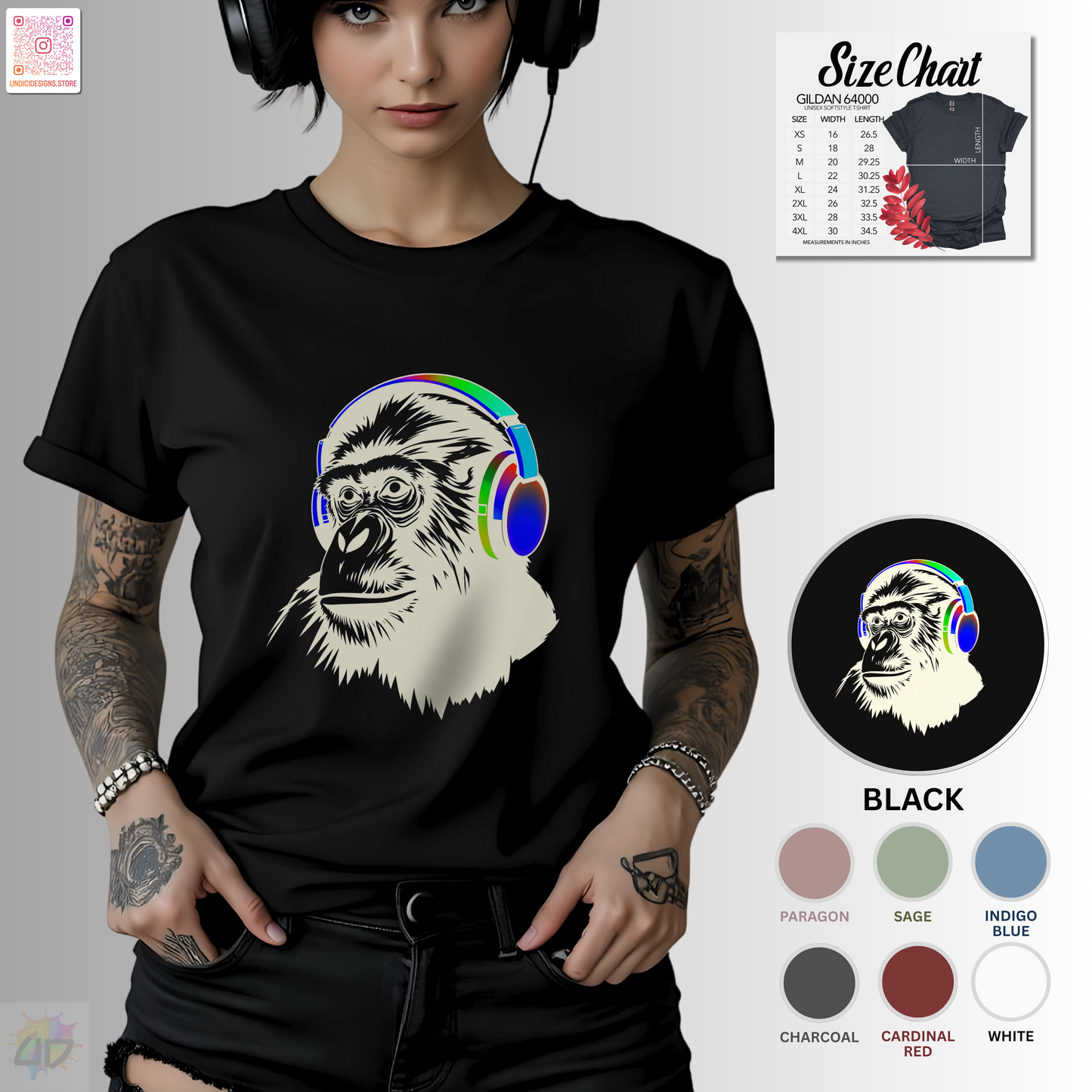 Gary the gorilla wearing colorful headphones graphic tee.