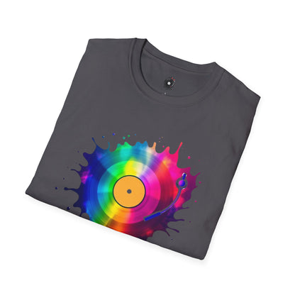Colorful vinyl record in a multi-colored splash graphic.