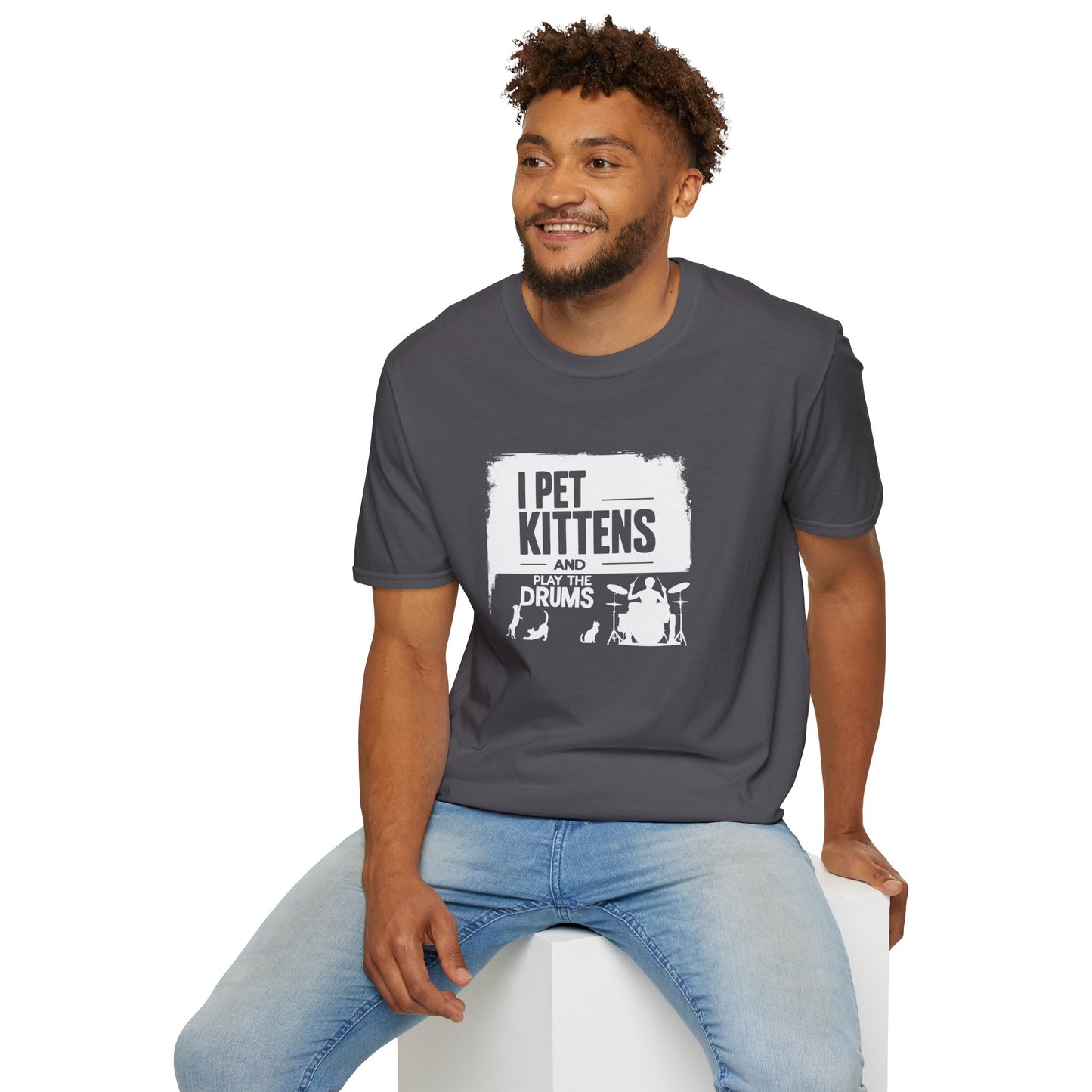 "I pet kittens and play the drums" in highlight graphic tee.