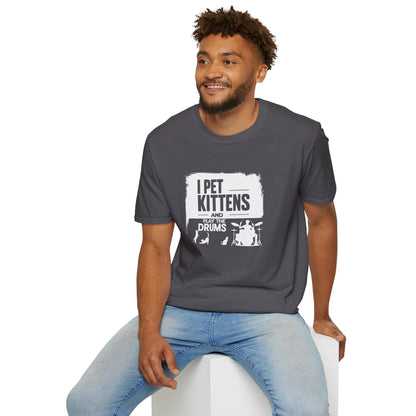 "I pet kittens and play the drums" in highlight graphic tee.