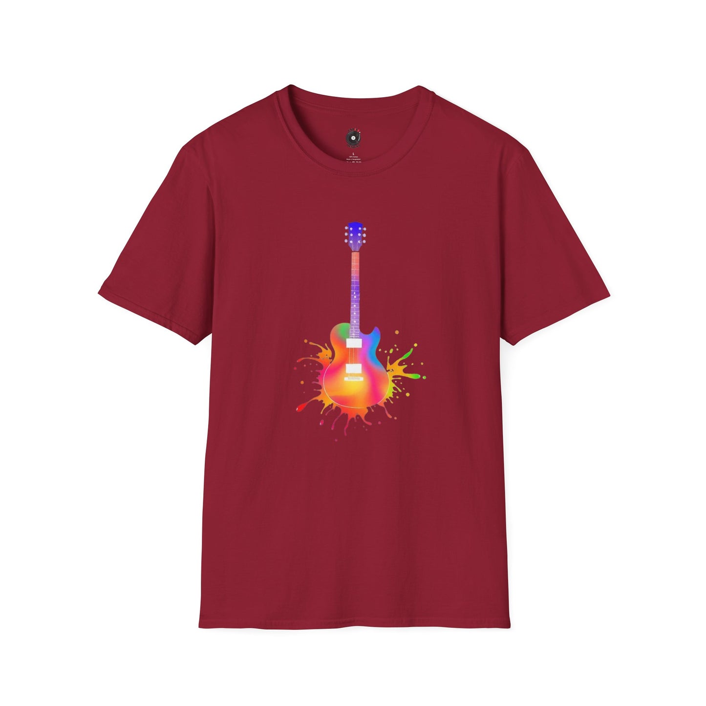 Colorful LP style electric guitar in a vibrant splash graphic.