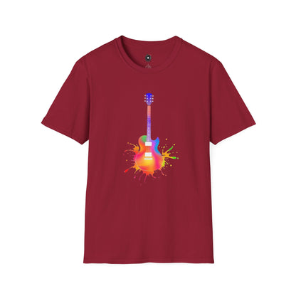 Colorful LP style electric guitar in a vibrant splash graphic.