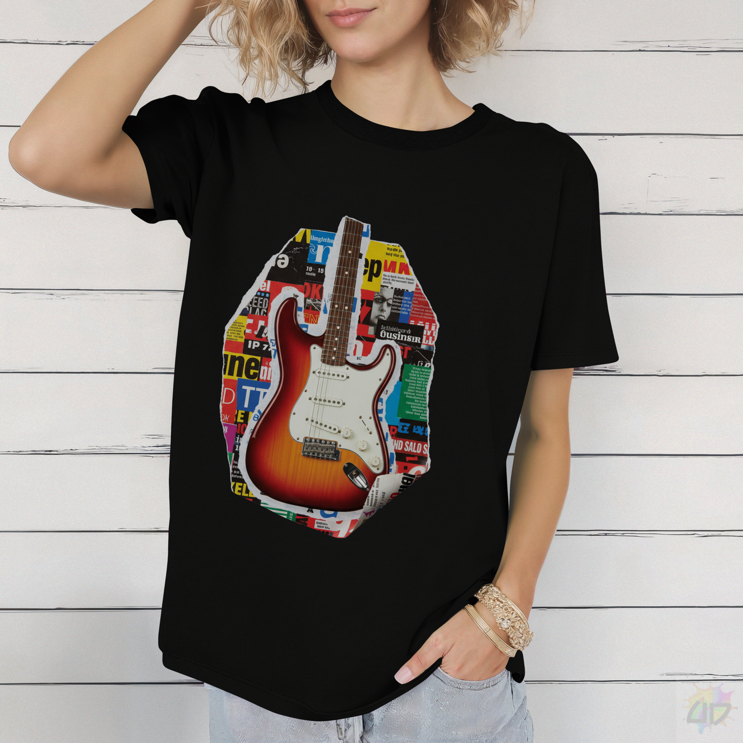 Strat Style Guitar Magazine Cutout Graphic Tee.