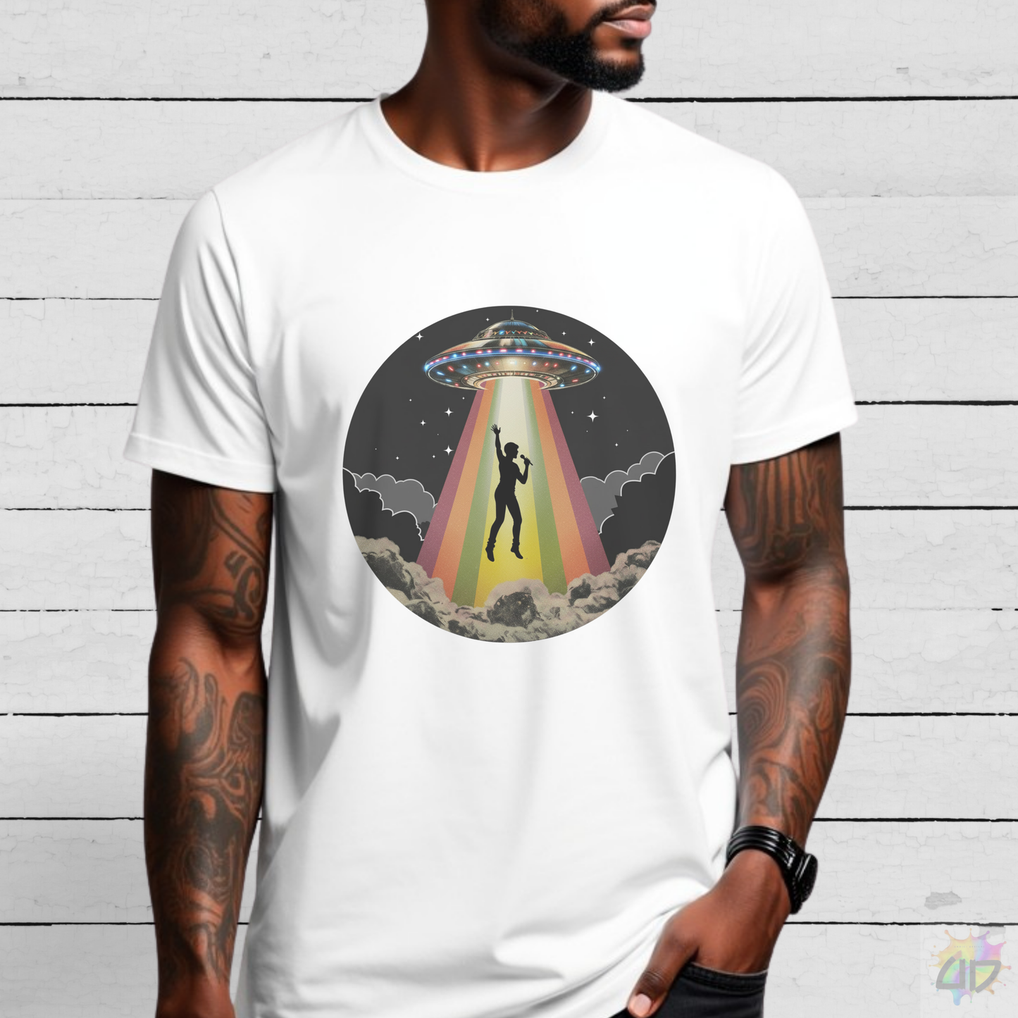 Singer Being Abducted in a Retro Beam Graphic Tee.