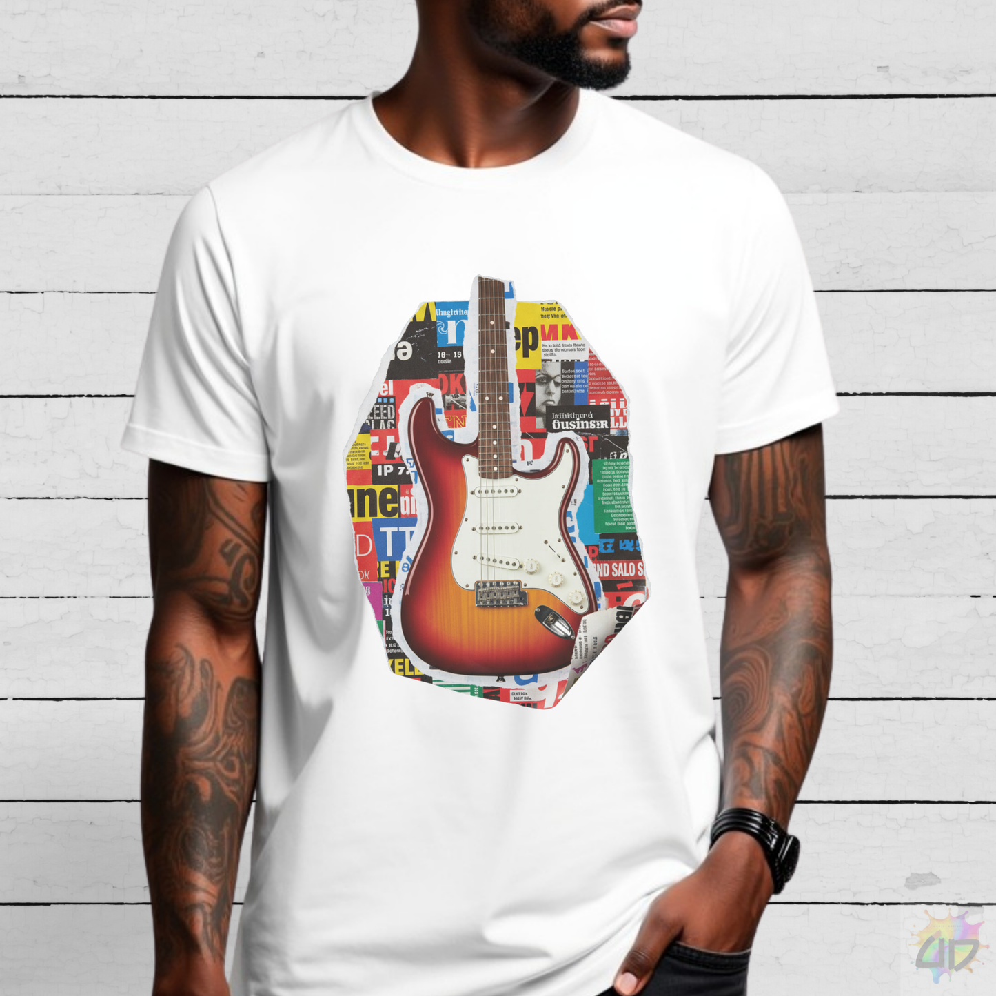 Strat Style Guitar Magazine Cutout Graphic Tee.