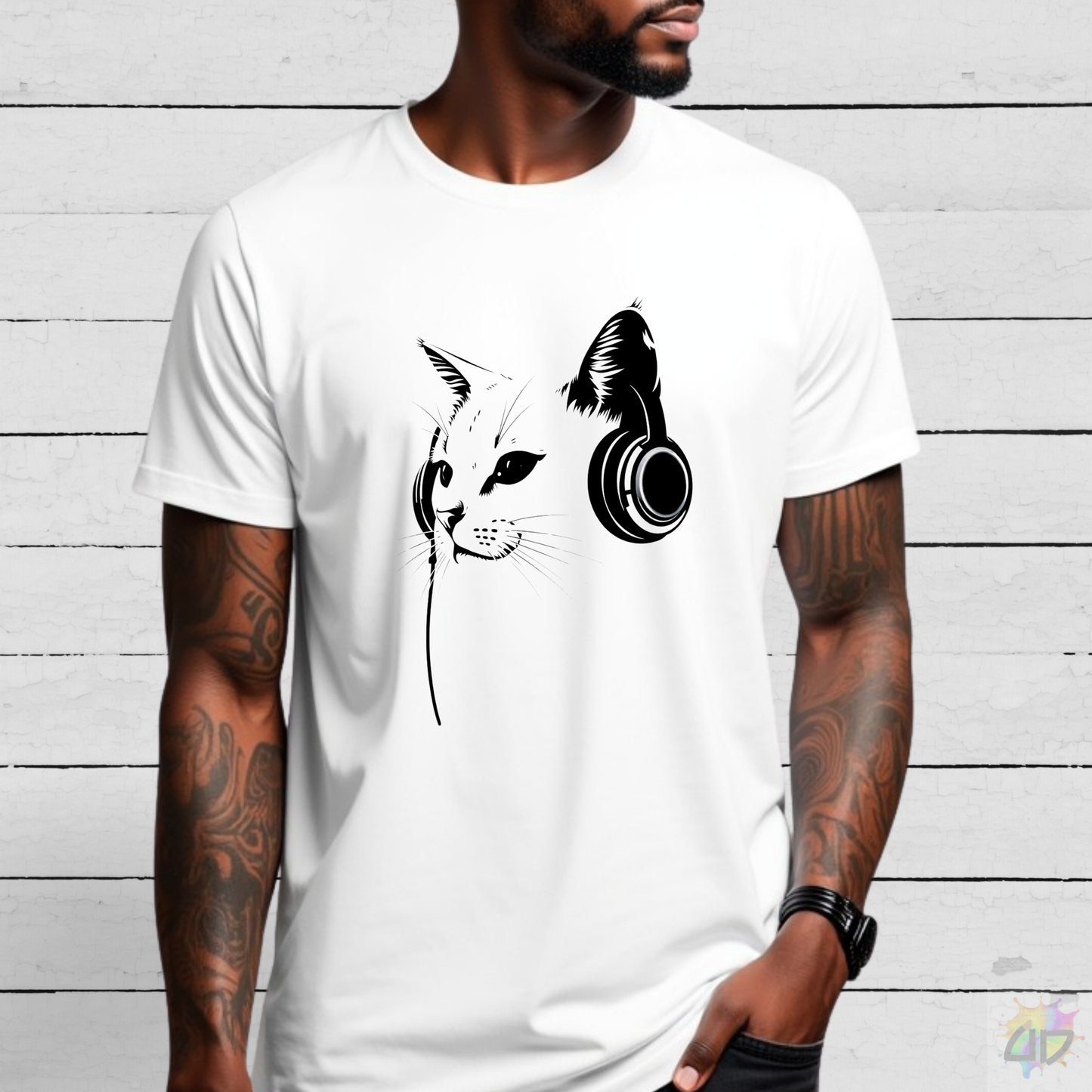 Silhouette of Cat Wearing Headphones Graphic Tee.
