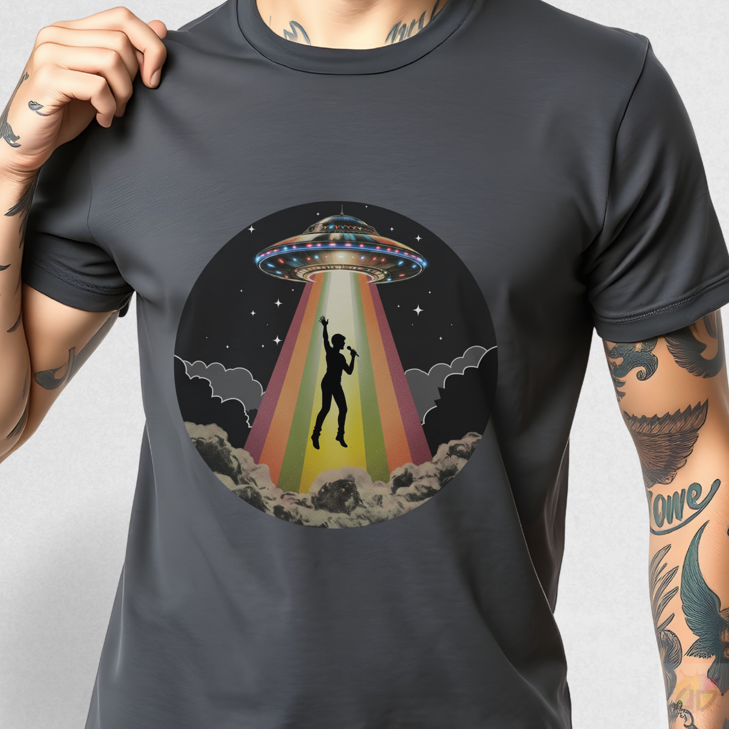 Singer Being Abducted in a Retro Beam Graphic Tee.