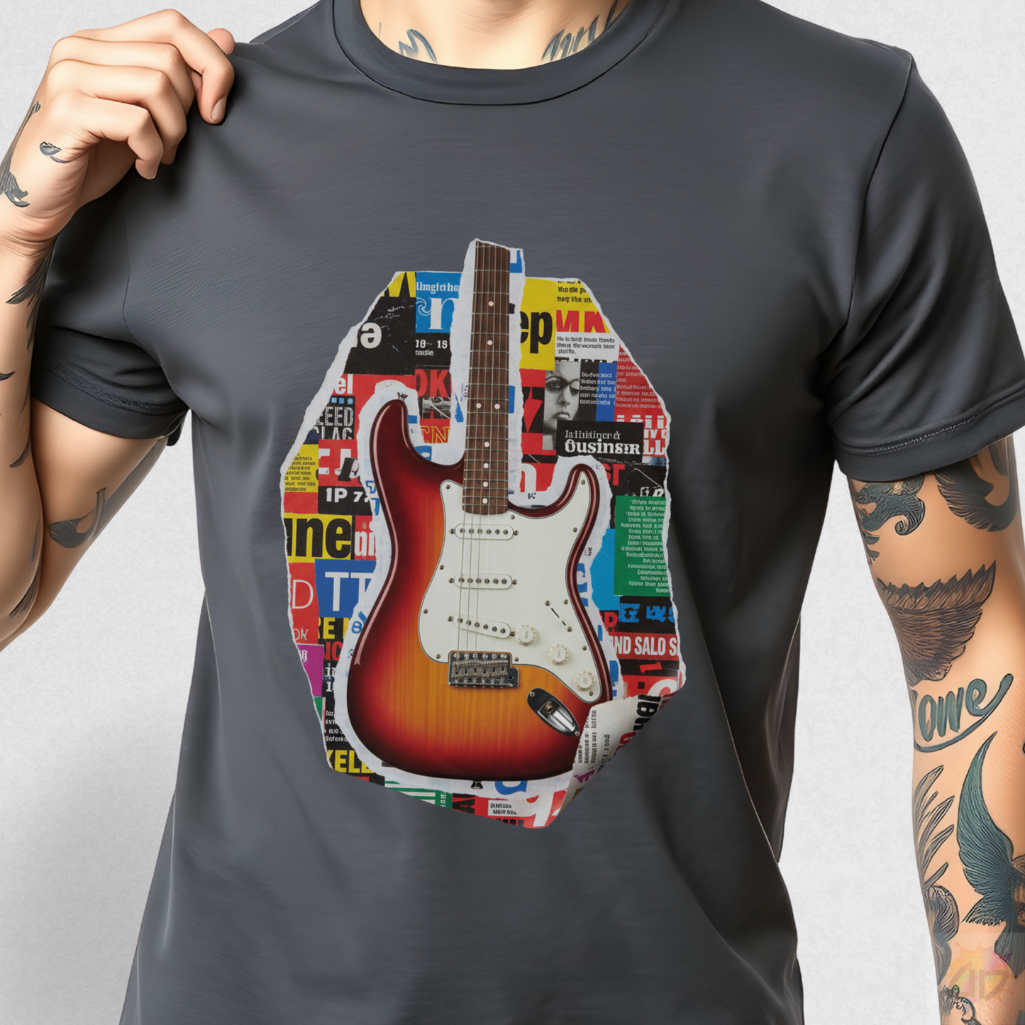 Strat Style Guitar Magazine Cutout Graphic Tee.