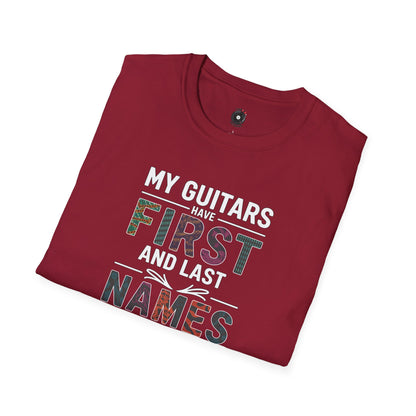 "My guitars have first and last names" colorful text graphic.