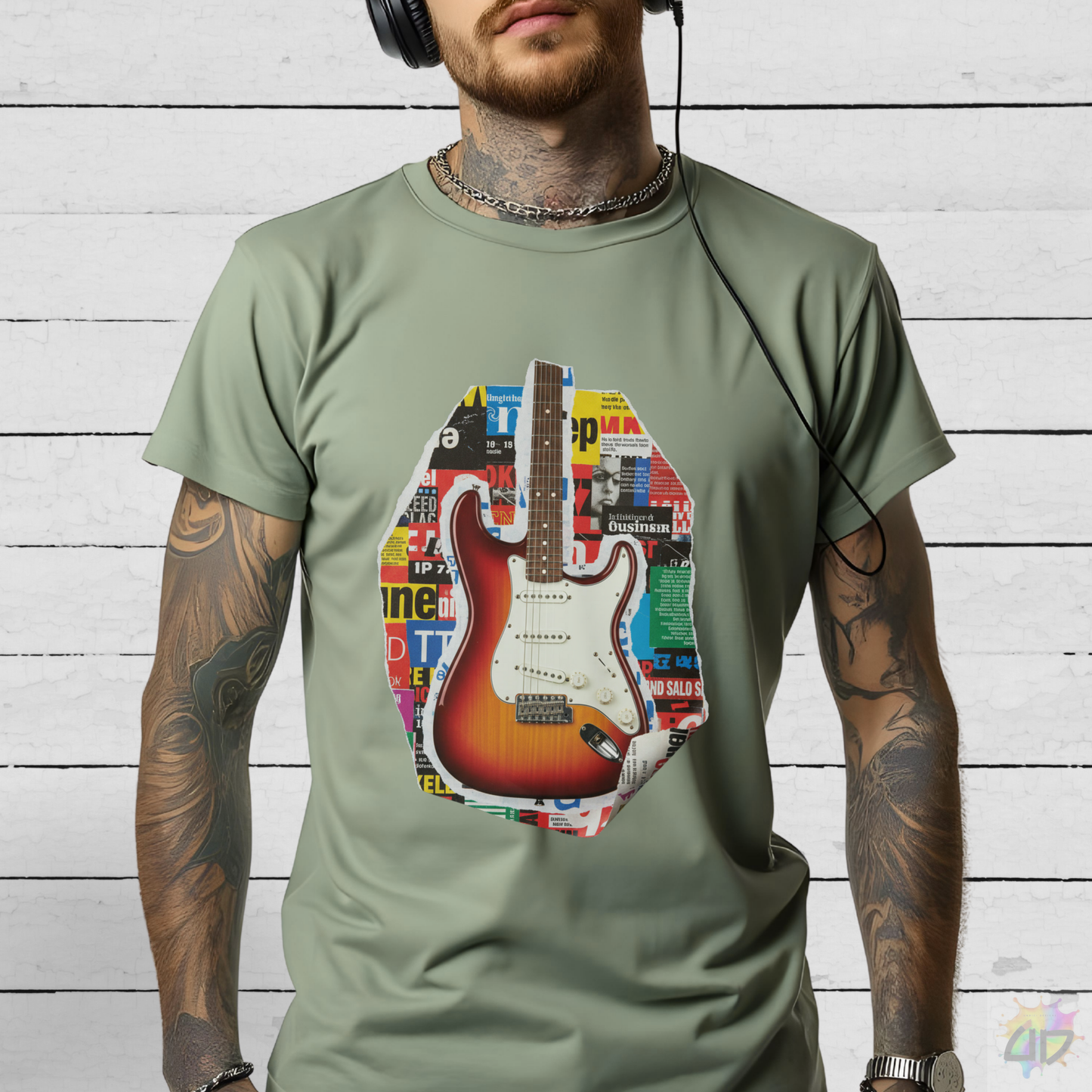 Strat Style Guitar Magazine Cutout Graphic Tee.