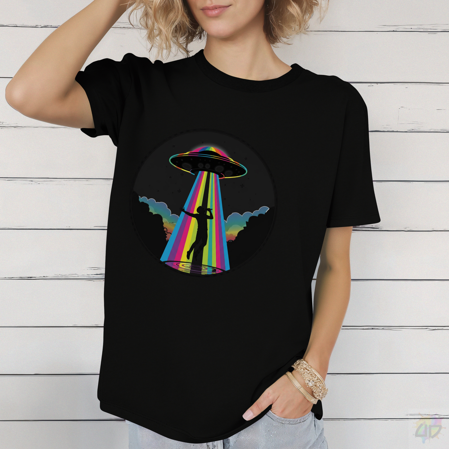 Singer Being Beamed up by a Colorful Beam Graphic Tee.