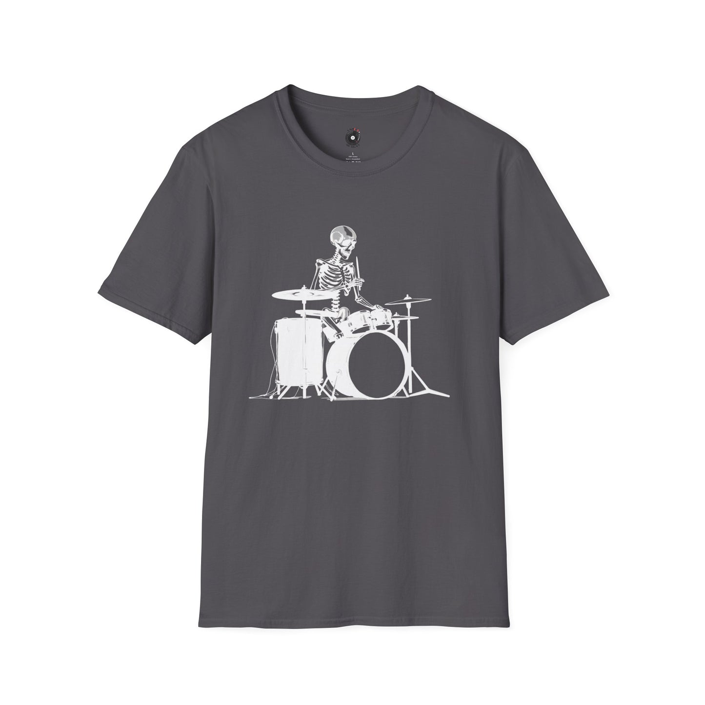 Skeleton silhouette playing drums in a circular background graphic.