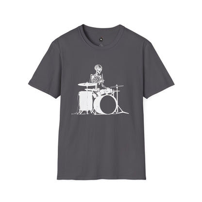 Skeleton silhouette playing drums in a circular background graphic.