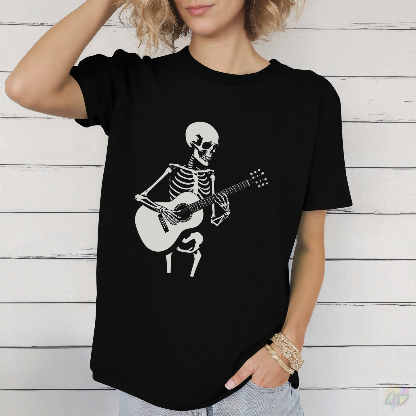Skeleton Playing an Acoustic Guitar Graphic Tee.