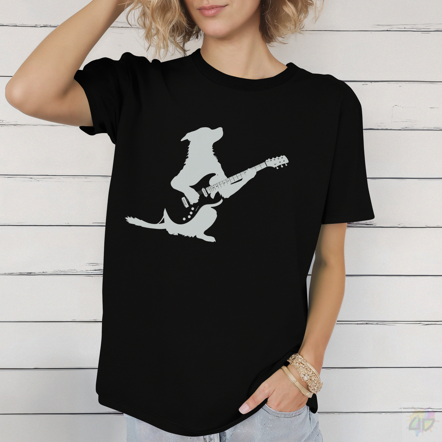Silhouette of a Pup Playing a Guitar Tee.