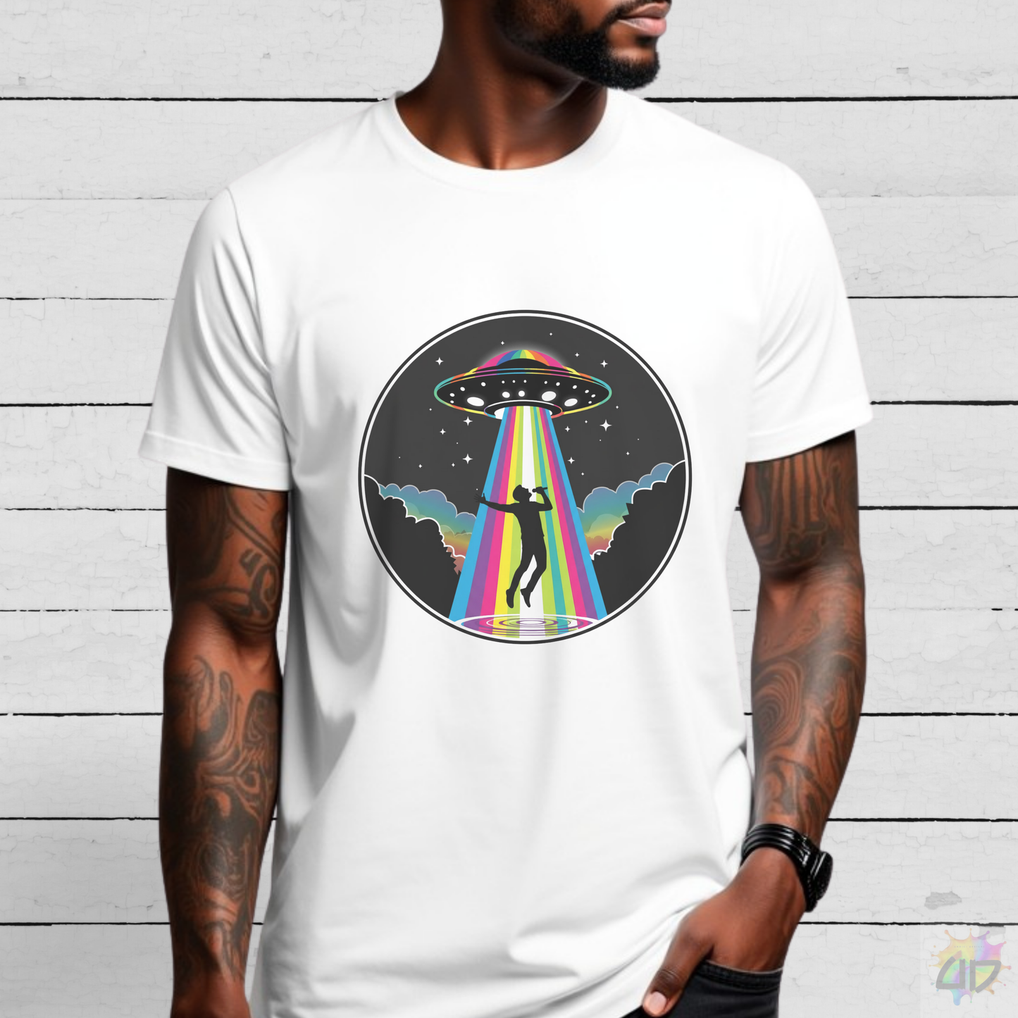 Singer Being Beamed up by a Colorful Beam Graphic Tee.