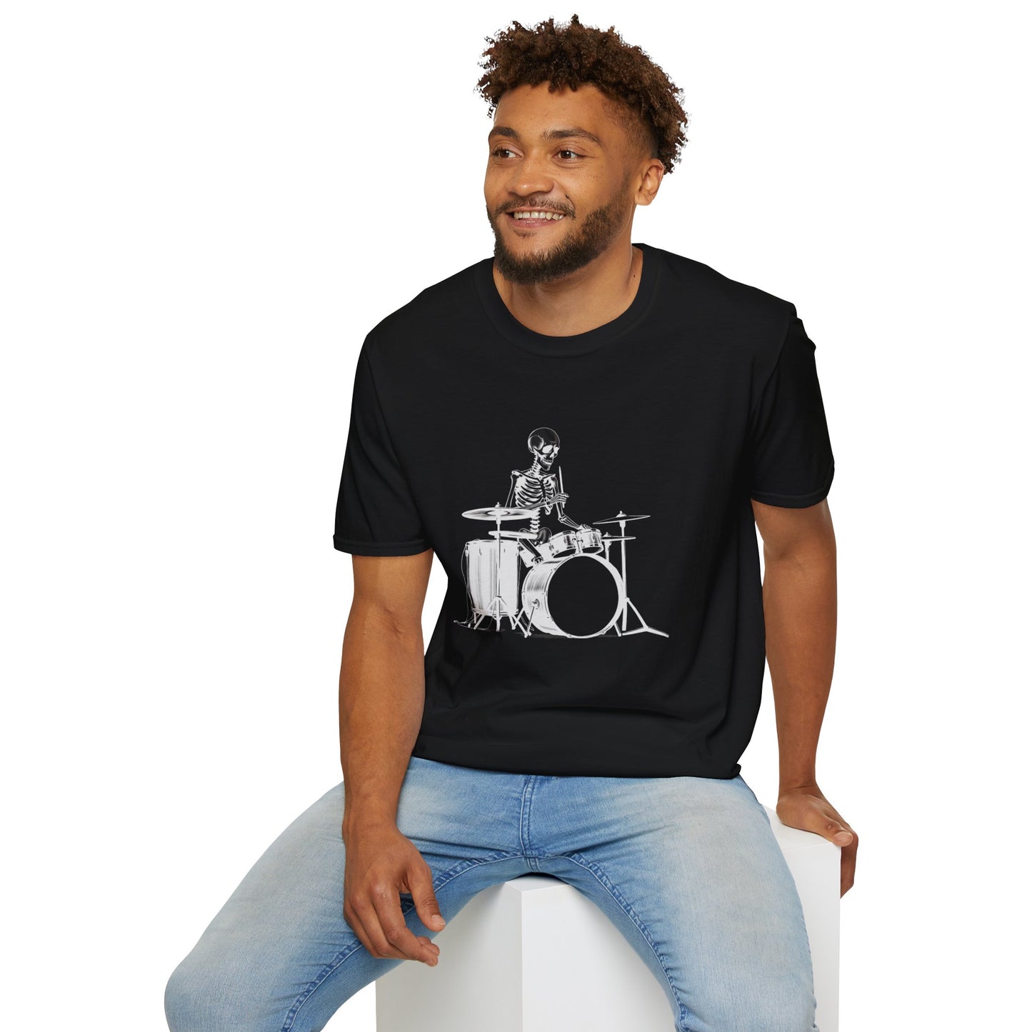 Skeleton silhouette playing drums in a circular background graphic.