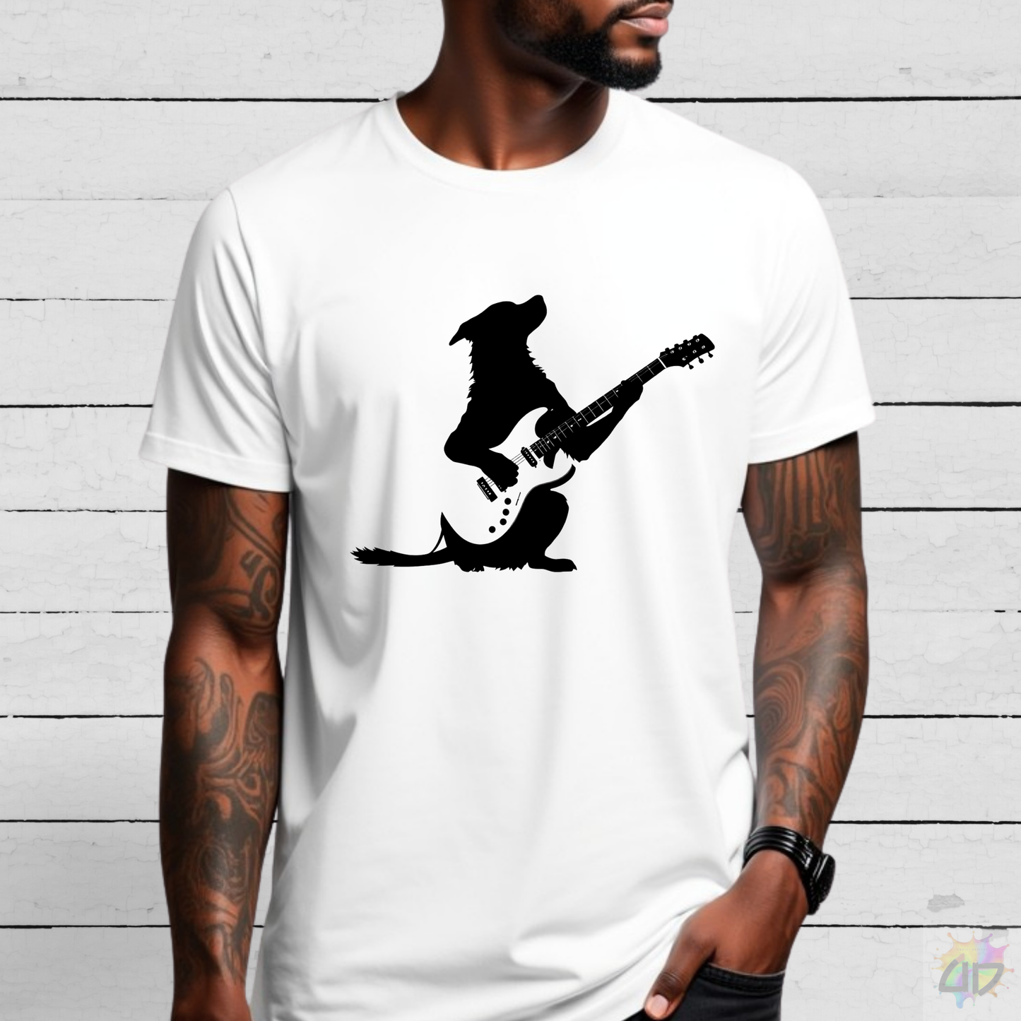 Silhouette of a Pup Playing a Guitar Tee.