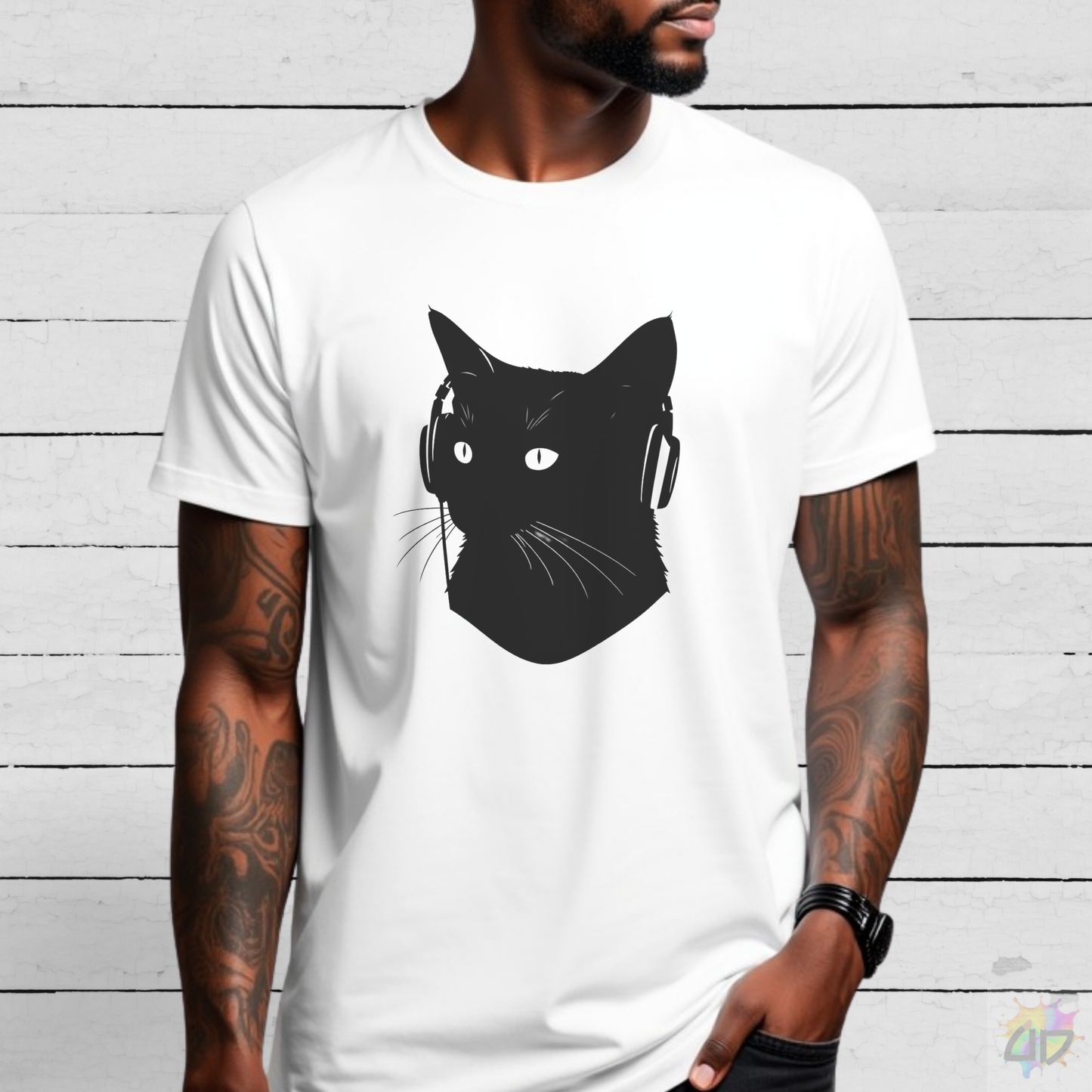 Silhouette of Kitten Wearing Headphones Graphic Tee.