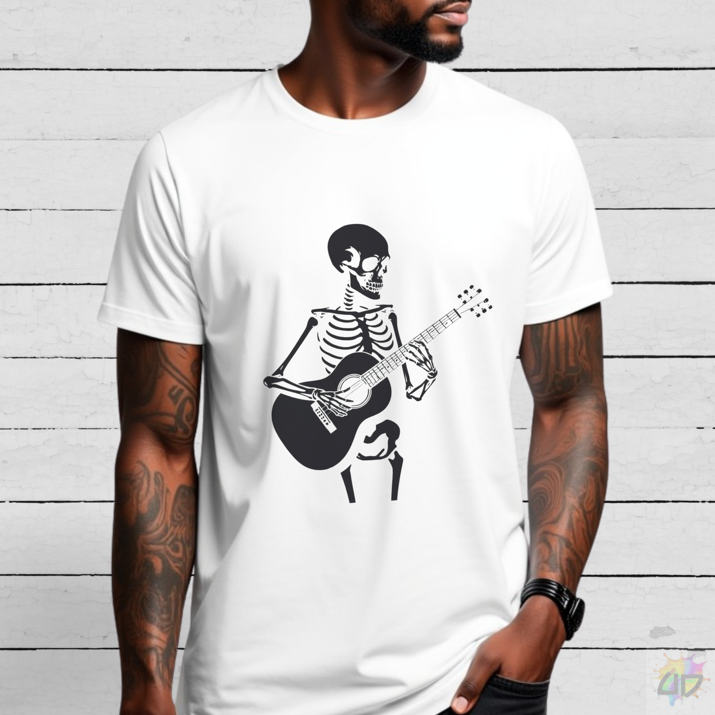 Skeleton Playing an Acoustic Guitar Graphic Tee.