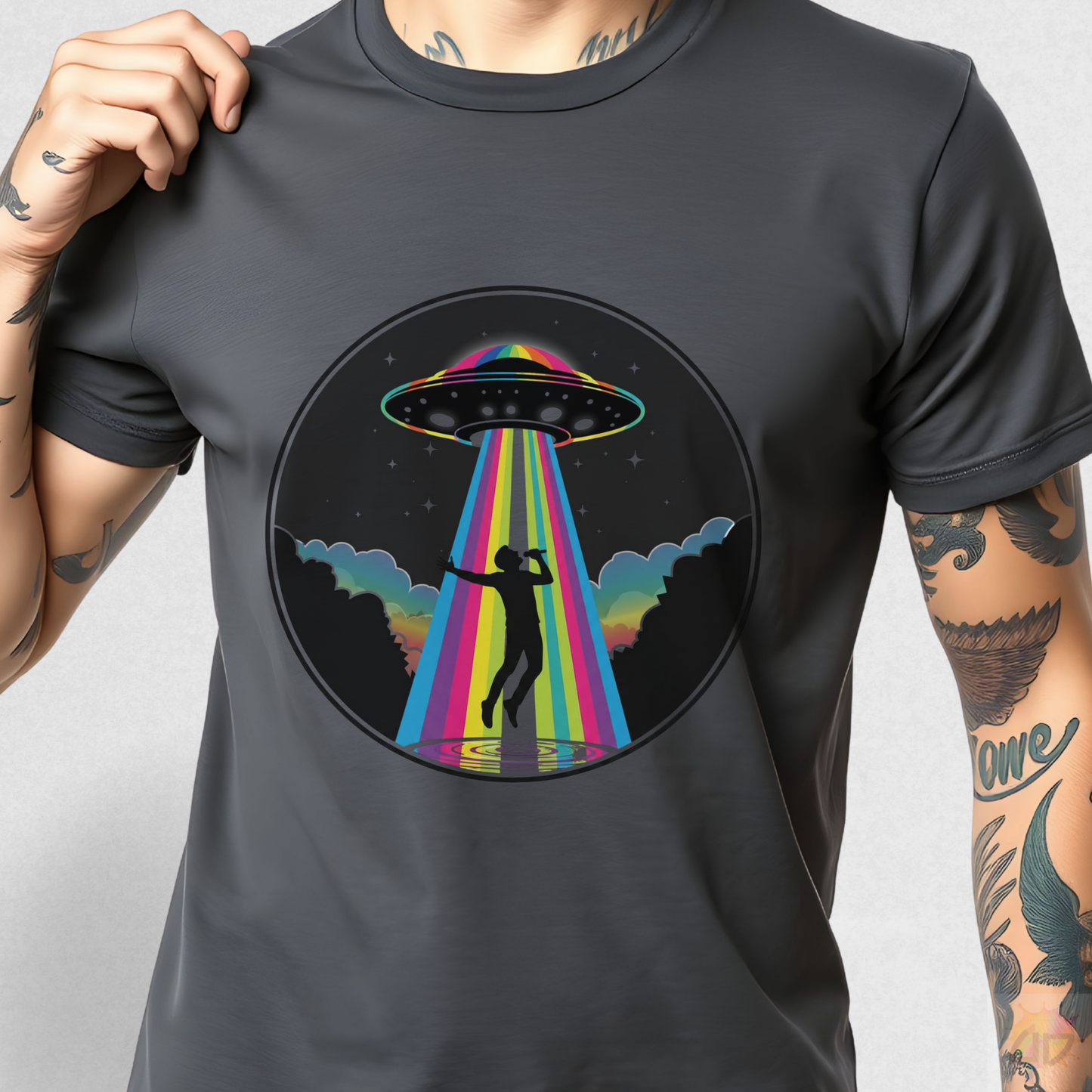 Singer Being Beamed up by a Colorful Beam Graphic Tee.