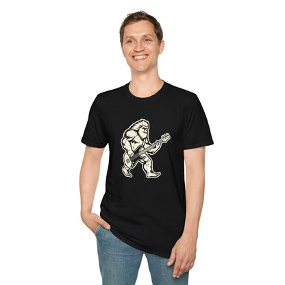 Yeti silhouette with Bass guitar in a cream-colored graphic.
