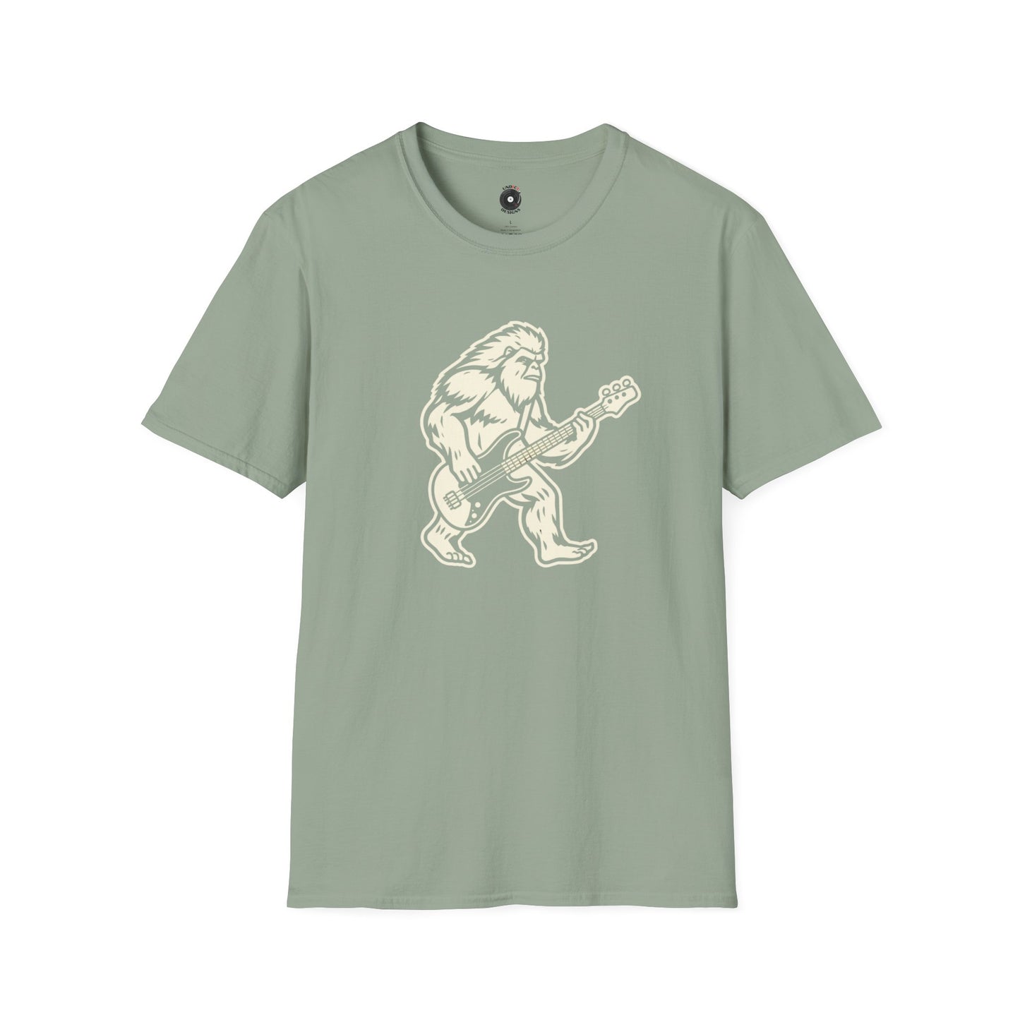 Yeti silhouette with Bass guitar in a cream-colored graphic.
