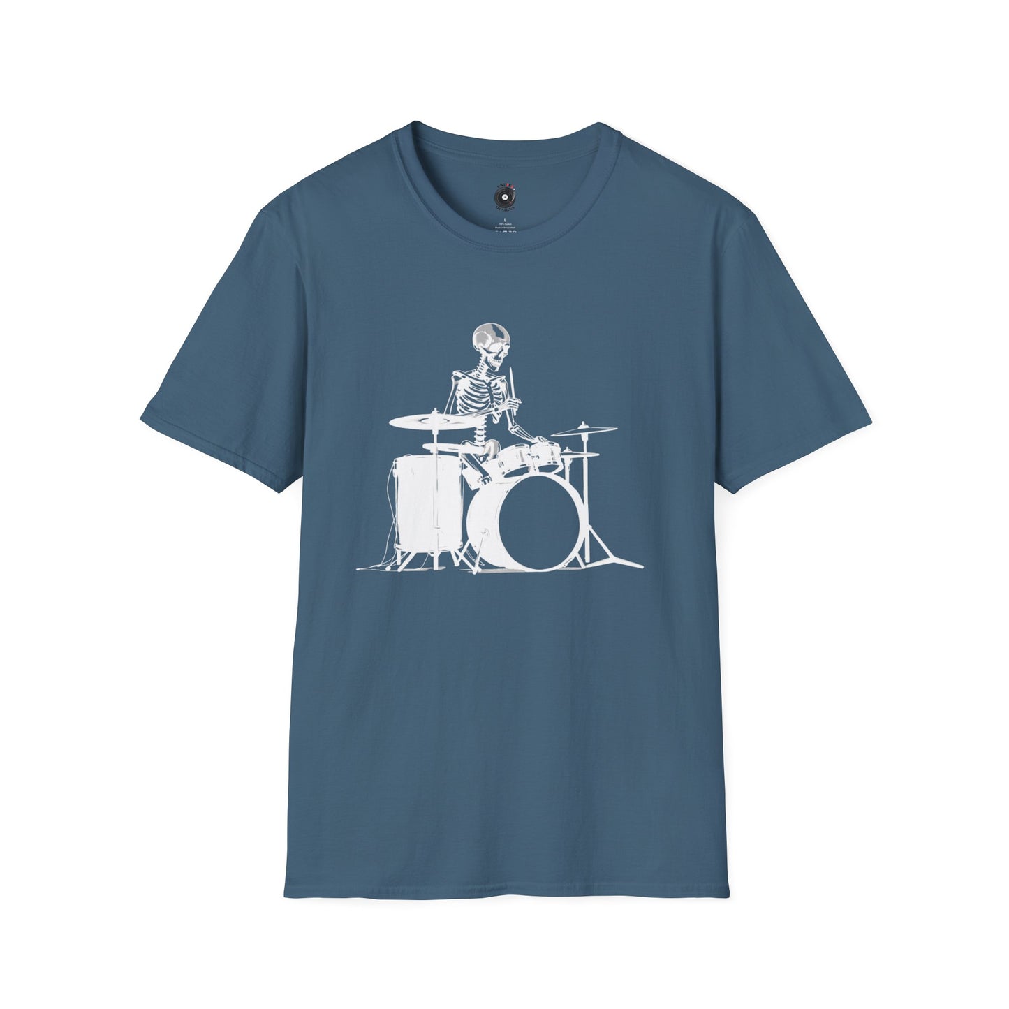 Skeleton silhouette playing drums in a circular background graphic.