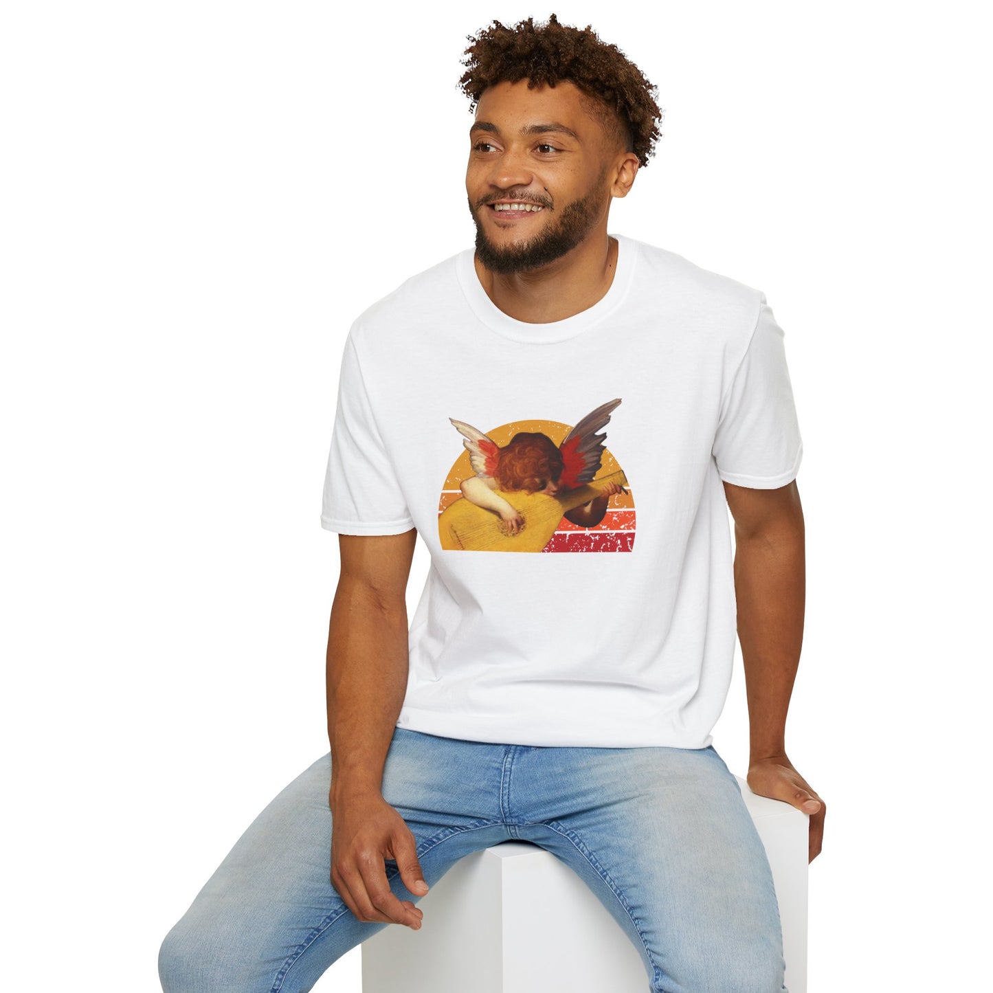 Cherub playing guitar in circular retro sunset.