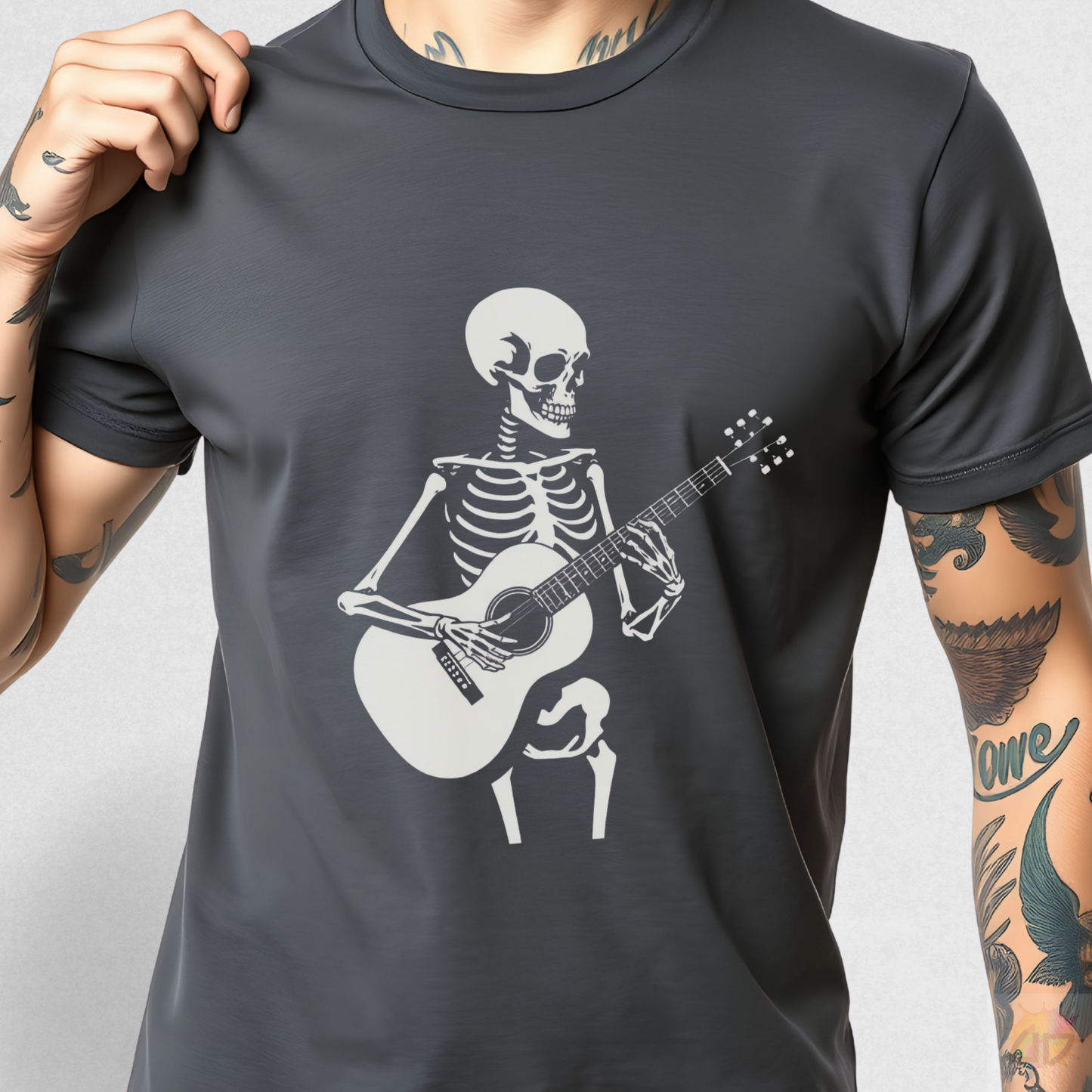 Skeleton Playing an Acoustic Guitar Graphic Tee.