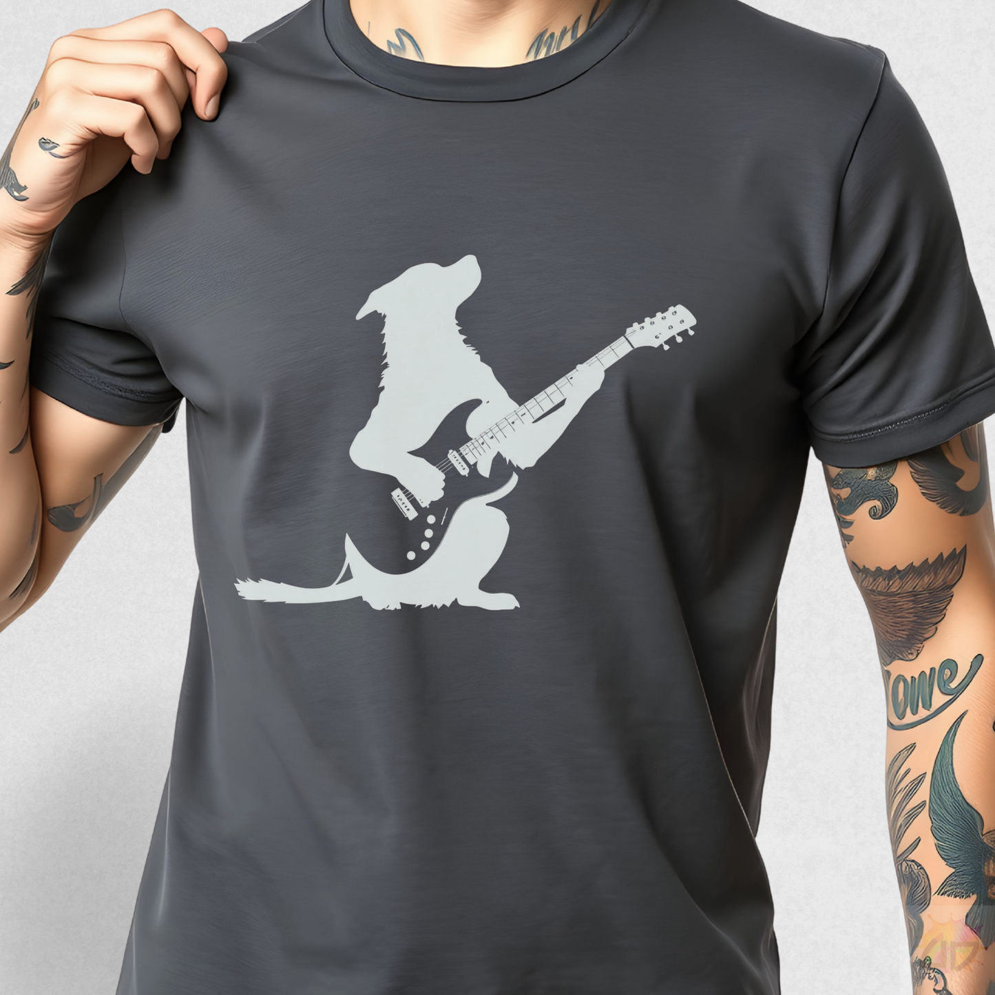 Silhouette of a Pup Playing a Guitar Tee.
