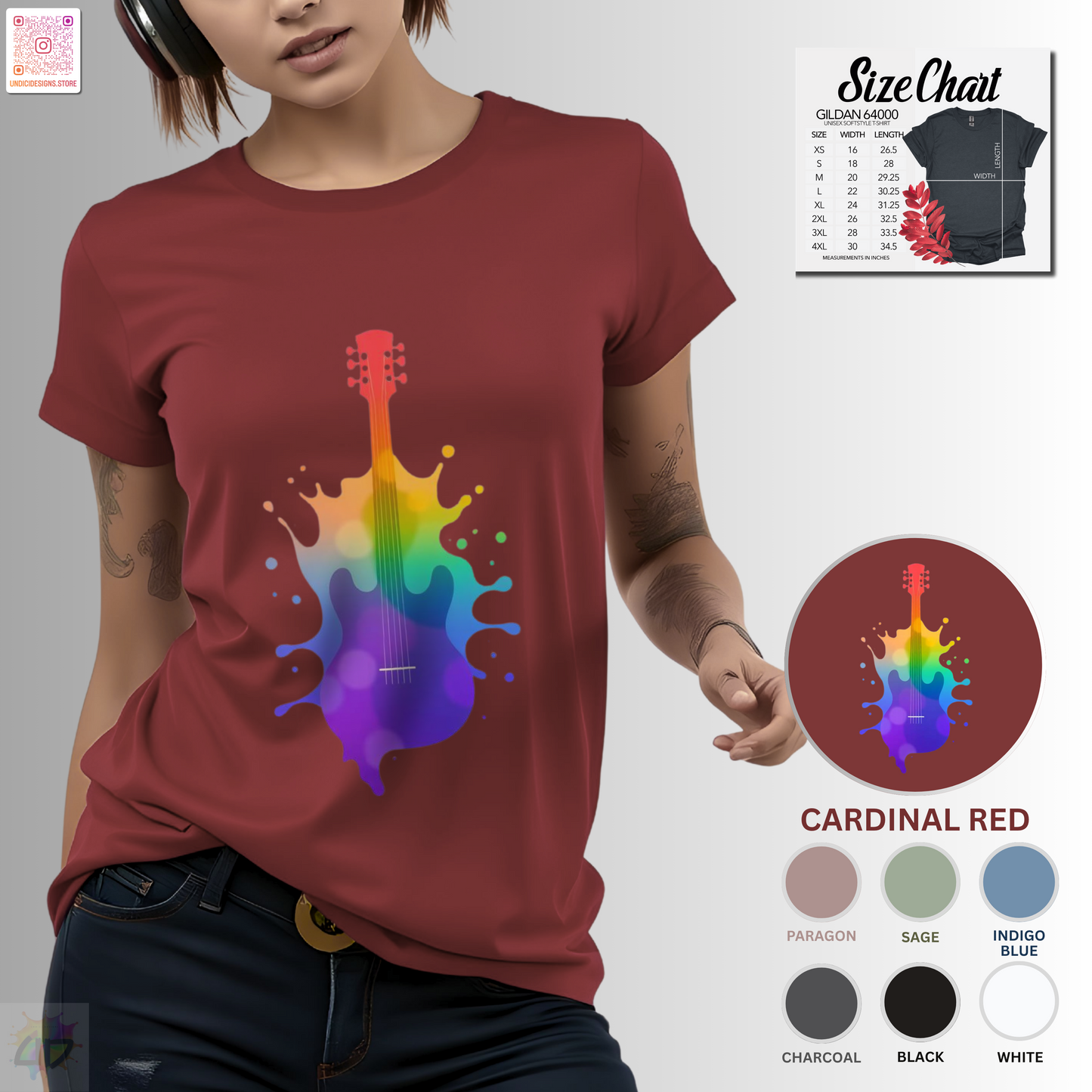 Colorful hollow body guitar in a vibrant splash graphic tee.