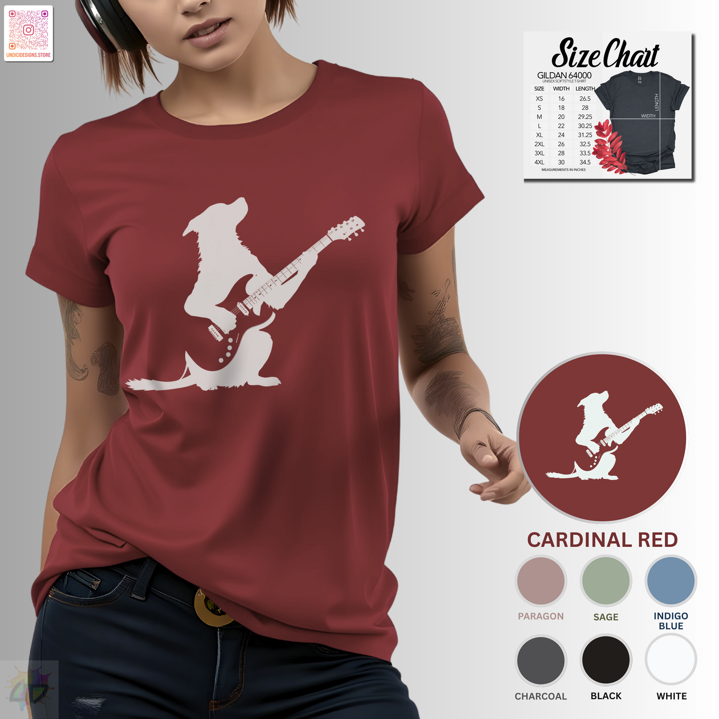 silhouette of a puppy playing a solo on a guitar graphic tee.