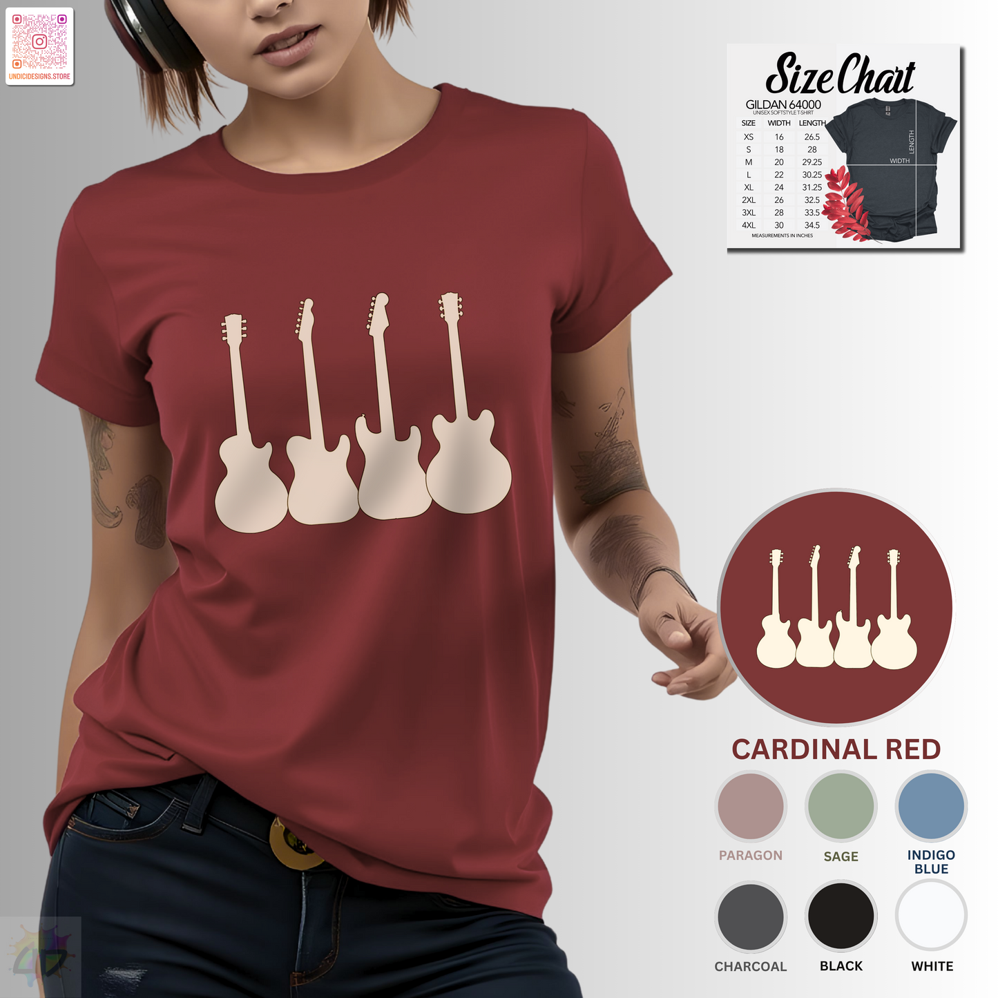 Four horizontal white guitar silhouettes graphic tee.