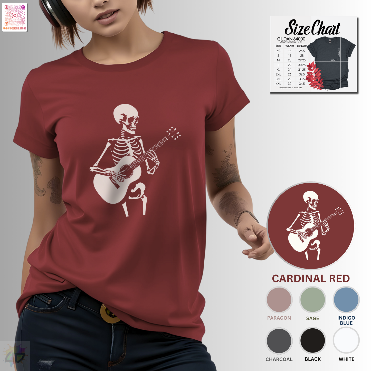 Skeleton playing an acoustic guitar graphic tee.
