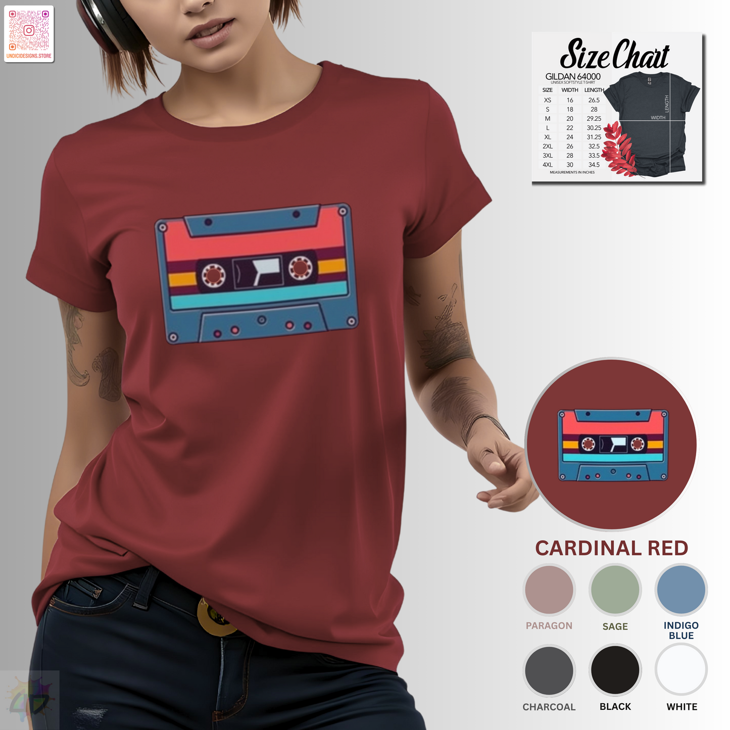 Retro red and blue cassette tape graphic tee.