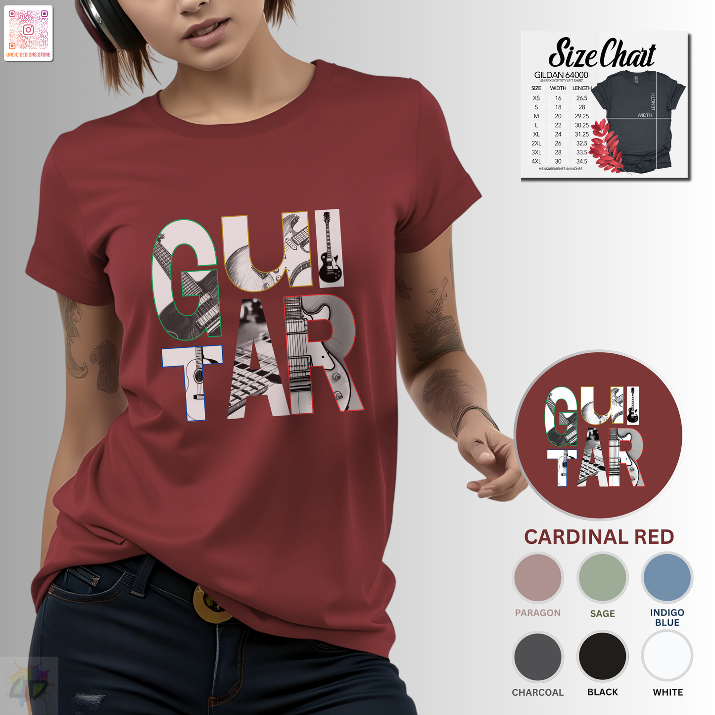 "Guitar" with guitars in letter backgrounds graphic tee.