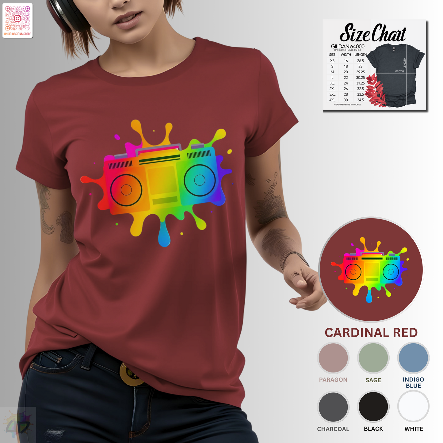 Colorful boombox in an artistic splash of vibrant paint graphic tee.