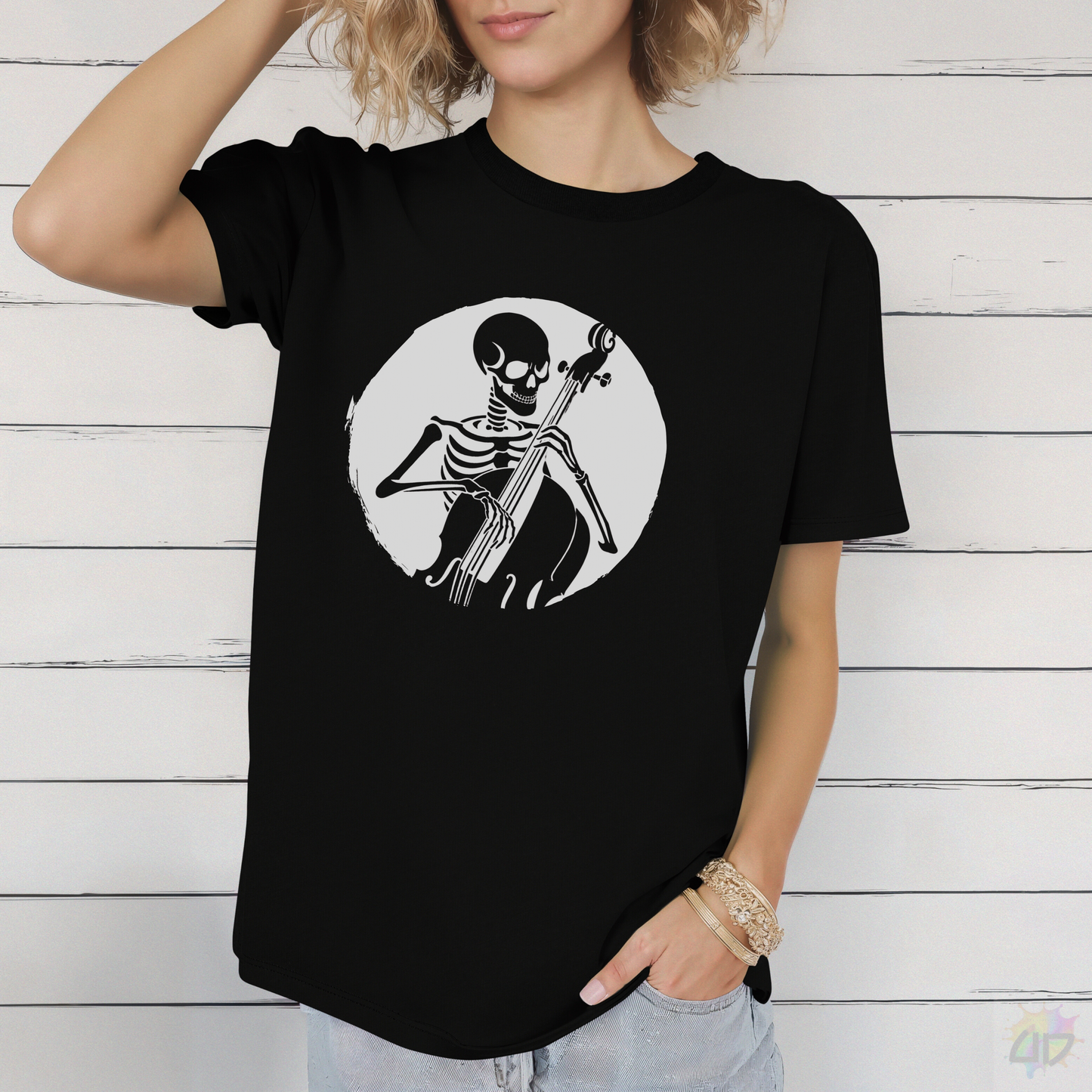 Skeleton Playing Upright Bass in a Circular Graphic Tee.
