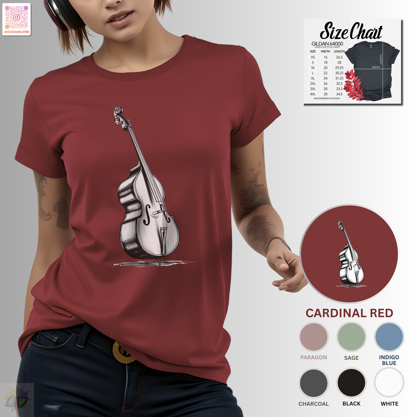 Hand drawn upright bass in white graphic tee.