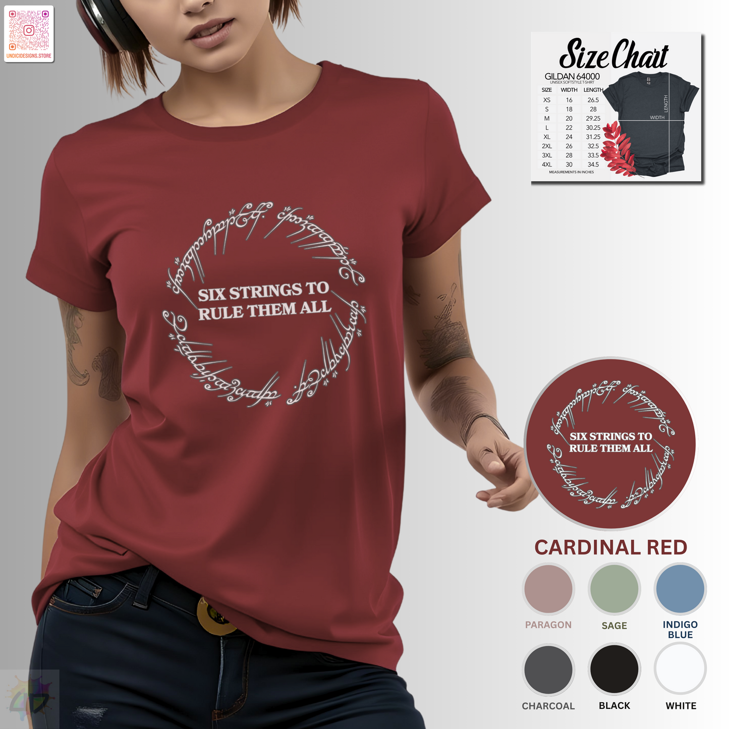 "Six strings to rule them all" in circular graphic tee.