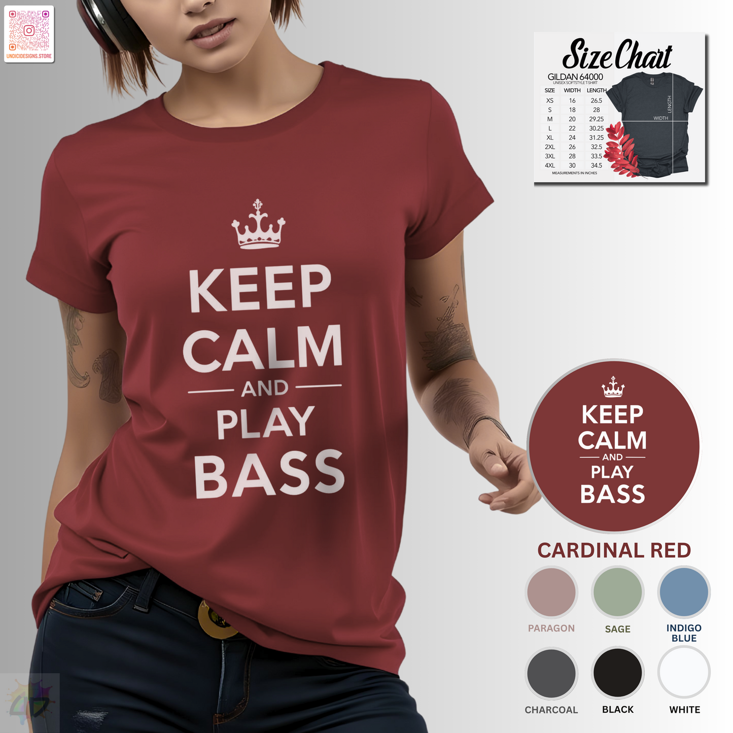 "Keep calm and play bass" text graphic tee.