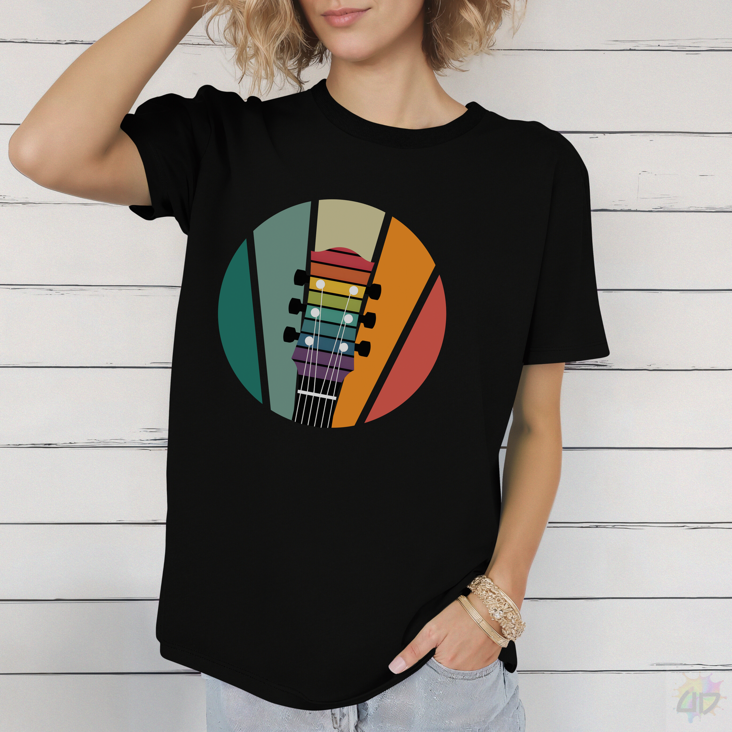 LP Style Headstock on a Retro Sunset Graphic Tee.
