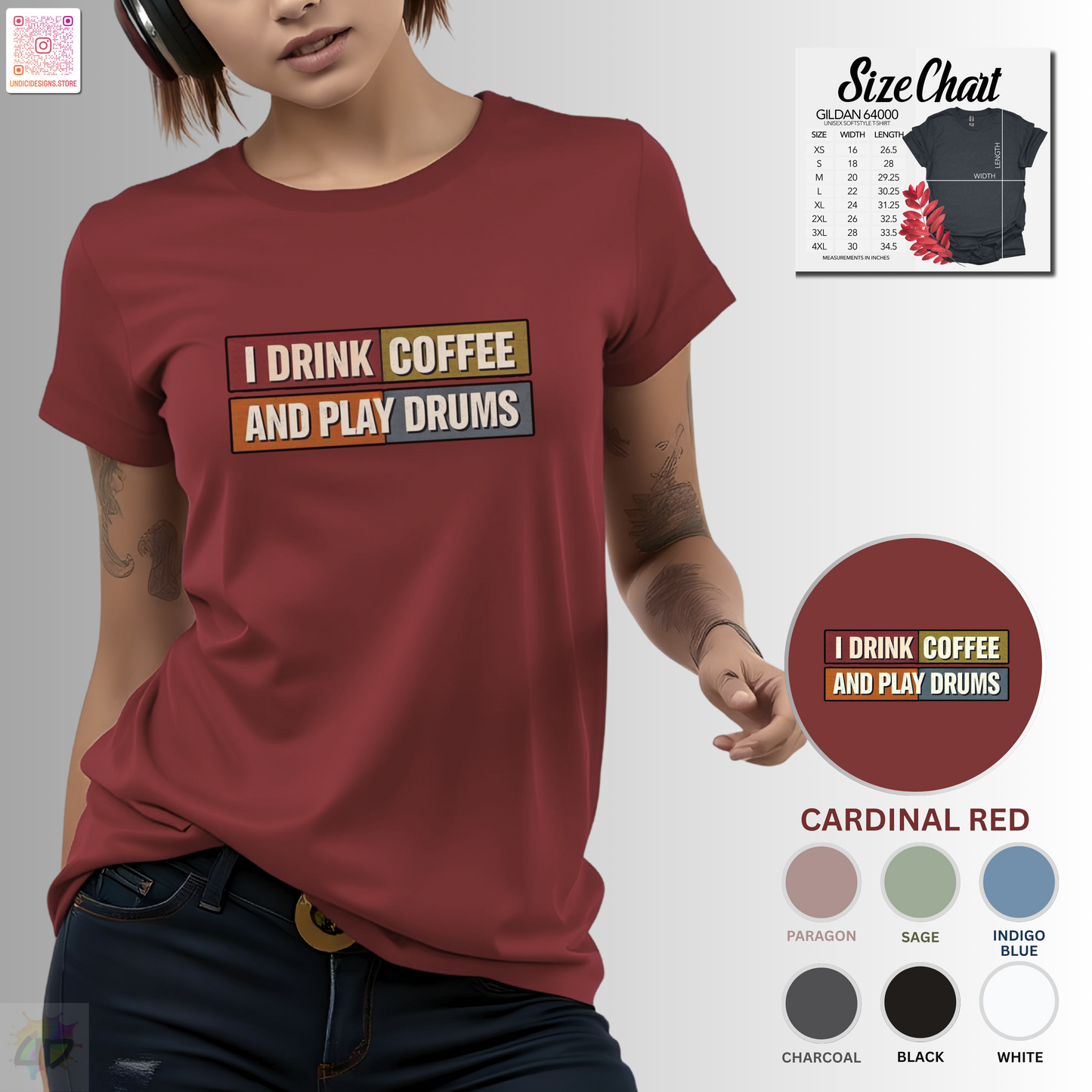 "I drink coffee and play drums" in colorful highlighted text tee.