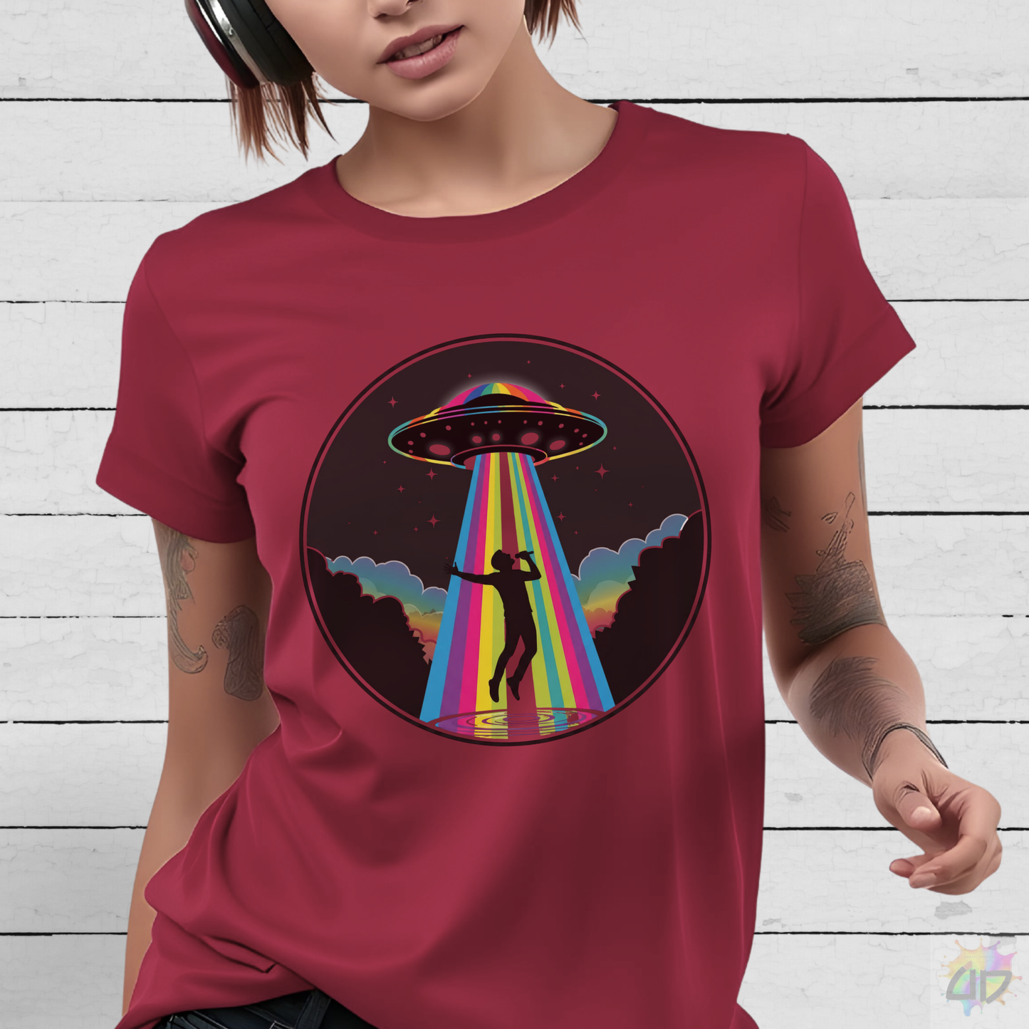 Singer Being Beamed up by a Colorful Beam Graphic Tee.