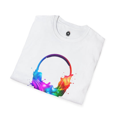 Colorful headphones in a multi-colored splash graphic.