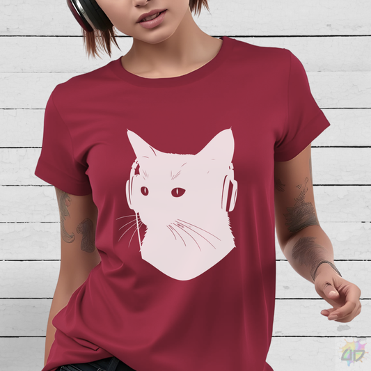 Silhouette of Kitten Wearing Headphones Graphic Tee.